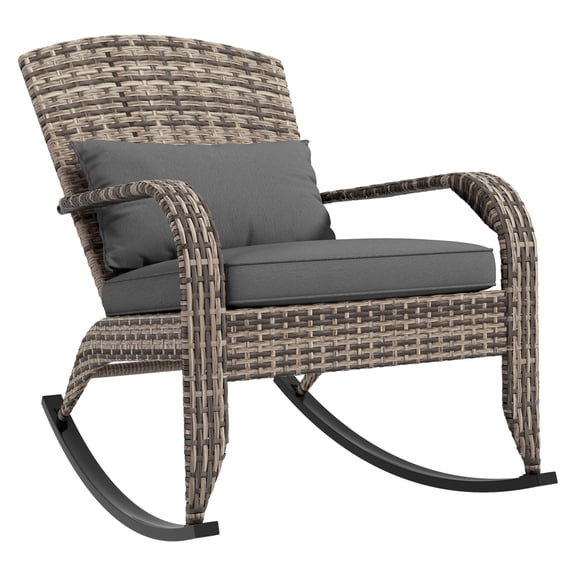 Adirondack Rocking Chair - Outdoor Wicker Rattan Patio Rocker with Cushions & Pillow - Garden, Porch, Balcony Furniture - Gray