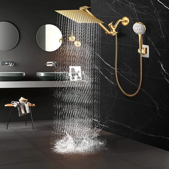 High Pressure Rainfall Shower  Combo with 11 Inch Adjustable Arm, 5 Spray Settings Handheld Shower Set Gold