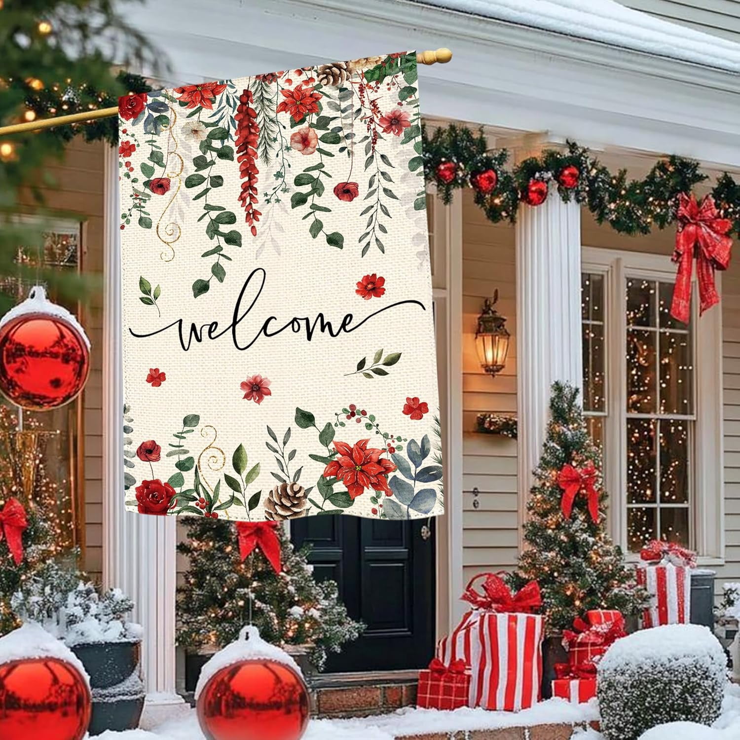 Winter Red Poinsettia Welcome Garden Flag 28x40 Inch Double Sided, Xmas Berry Burlap Large Yard Flag Winter Floral Farmhouse Flags Seasonal Patio Outdoor Outside Decoration