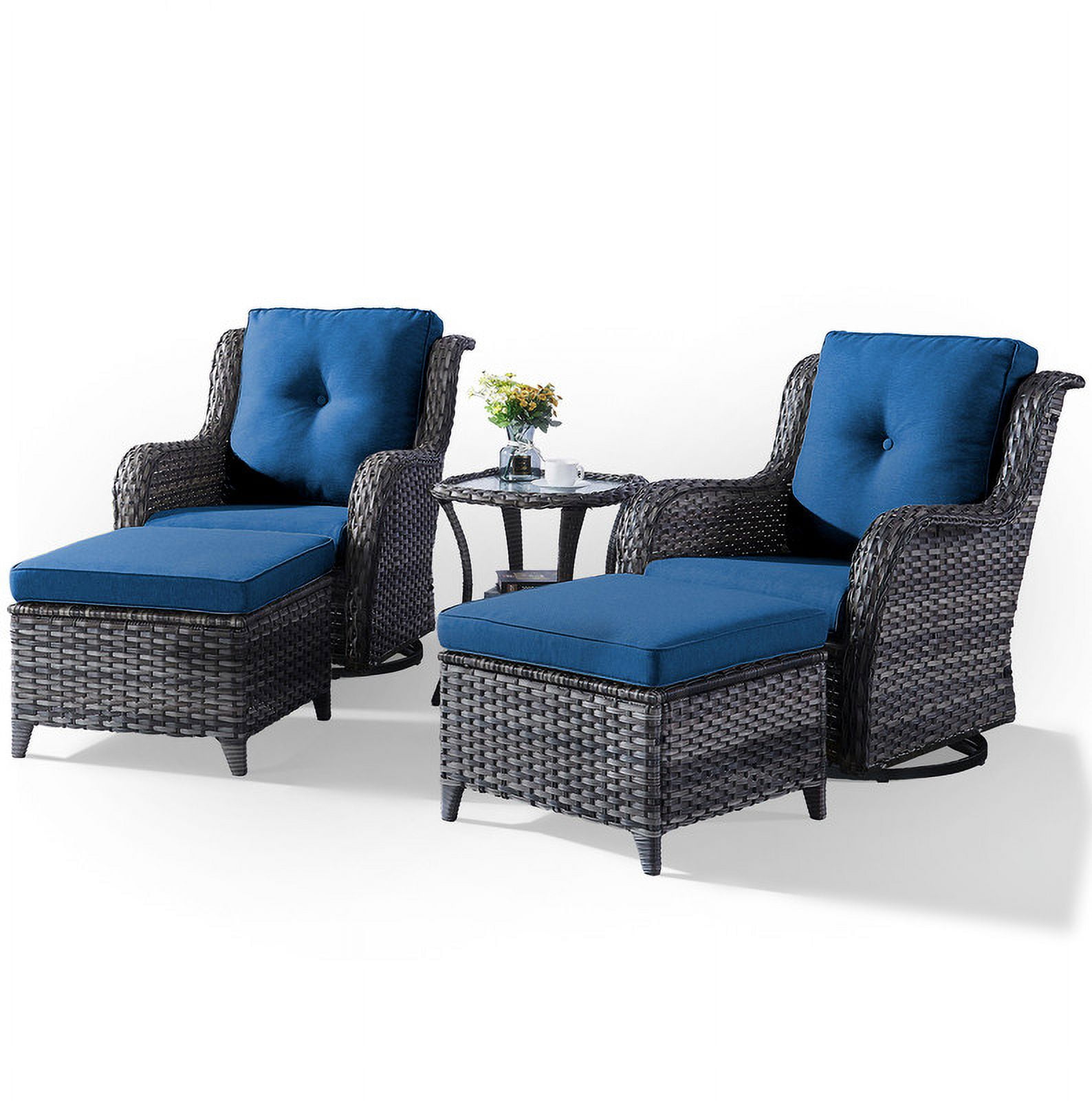 PARKWELL 5-Piece Outdoor Conversation Sets,Wicker Swivel Gliders with Ottomans,Side Table,Patio Seating Furniture with Blue Cushions,Gray Wicker