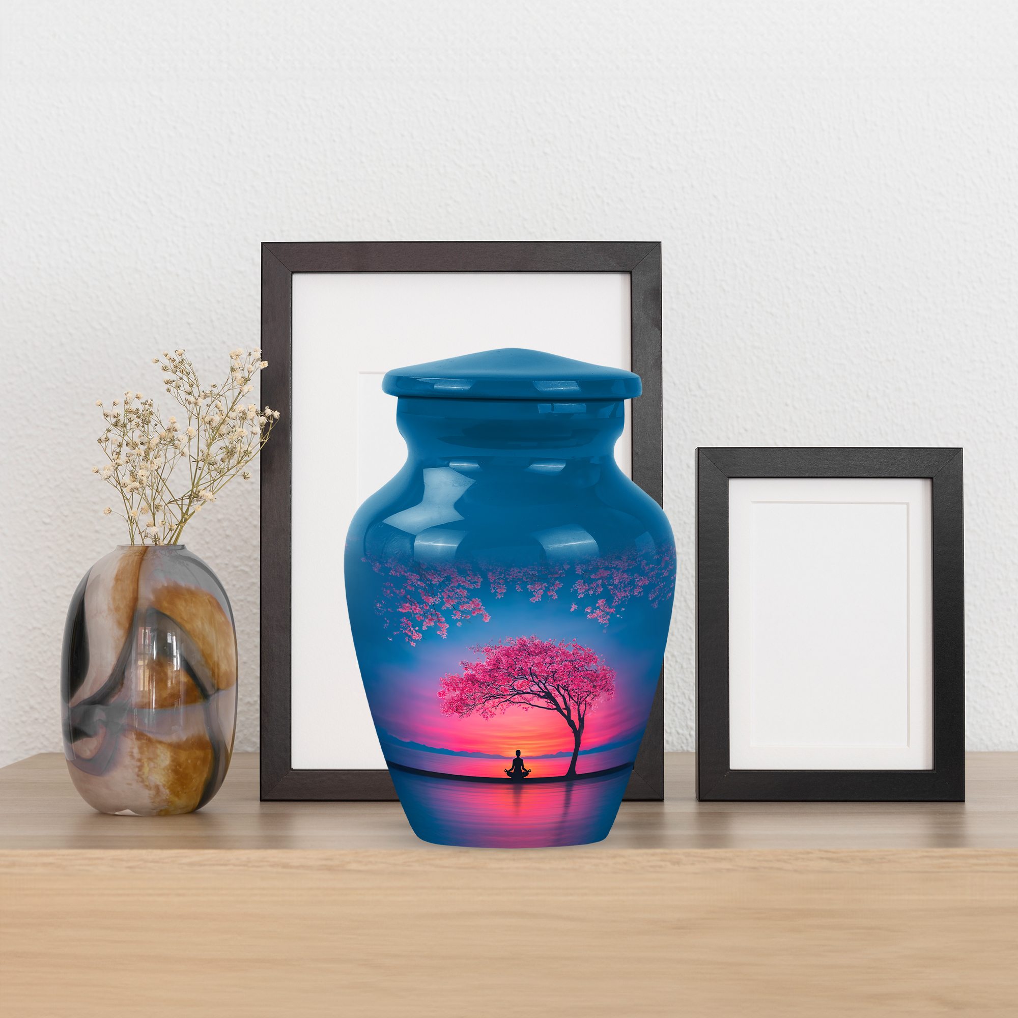 MUKTIVE Cherry Blossom Funeral Urns for Ashes Adult Man, Keepsake Blue Memorial Urn for Ashes for Women, Meditation Burial Urns for Adult Male, Sunrise Cremation Urn, 3 Inch