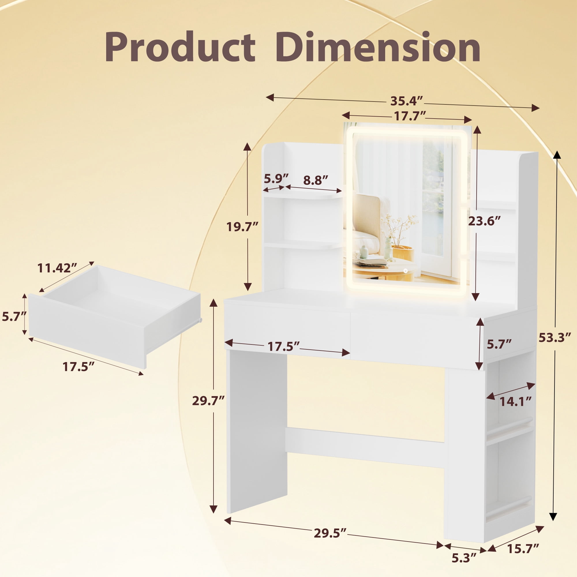 Homall Vanity Desk with 3 Colors LED Lighted Mirror, Makeup Vanity with Storage Shelves and Drawers, Vanity Table Dressing Table for Bedroom, White