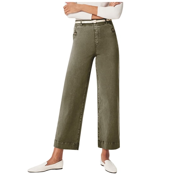 TGPMGRZ Elastic Waist Wide Leg Cropped Jeans for Women Pull On Denim Pants Loose Fit Casual Baggy Trousers with Pockets, Green Size S