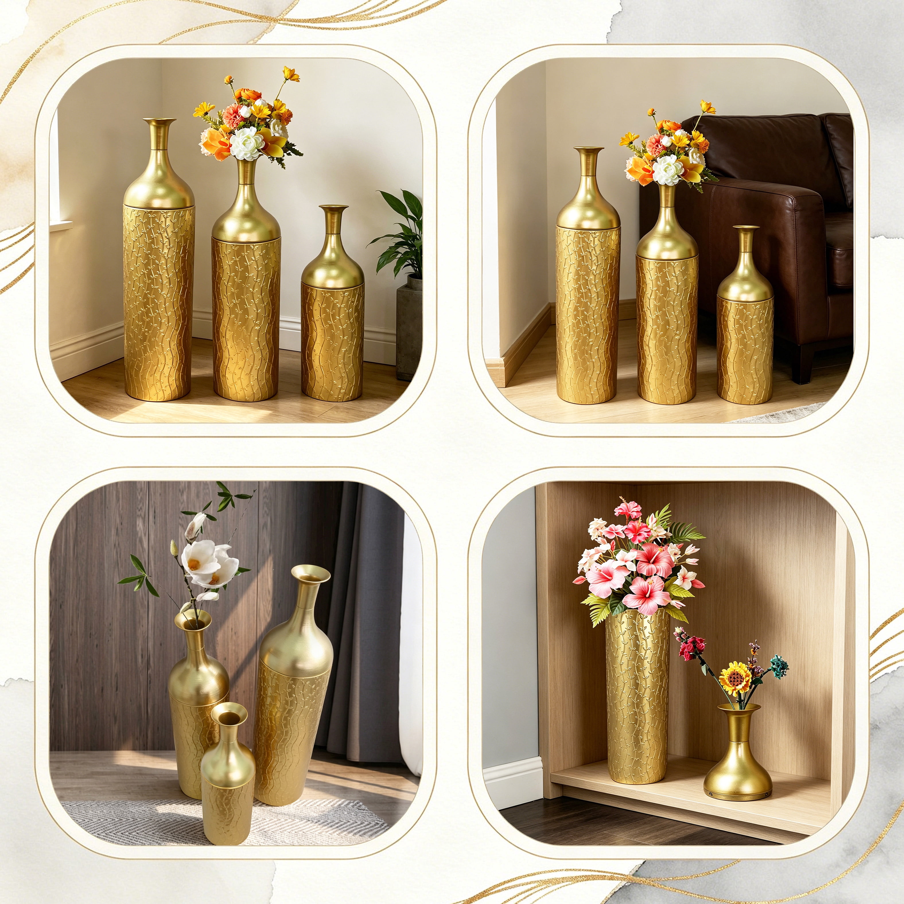 Metal Floor Vases Set of 3 with Leaf Pattern, Tall Decorative Vases and Home Decor Accents for Living Room Entryway, Gold