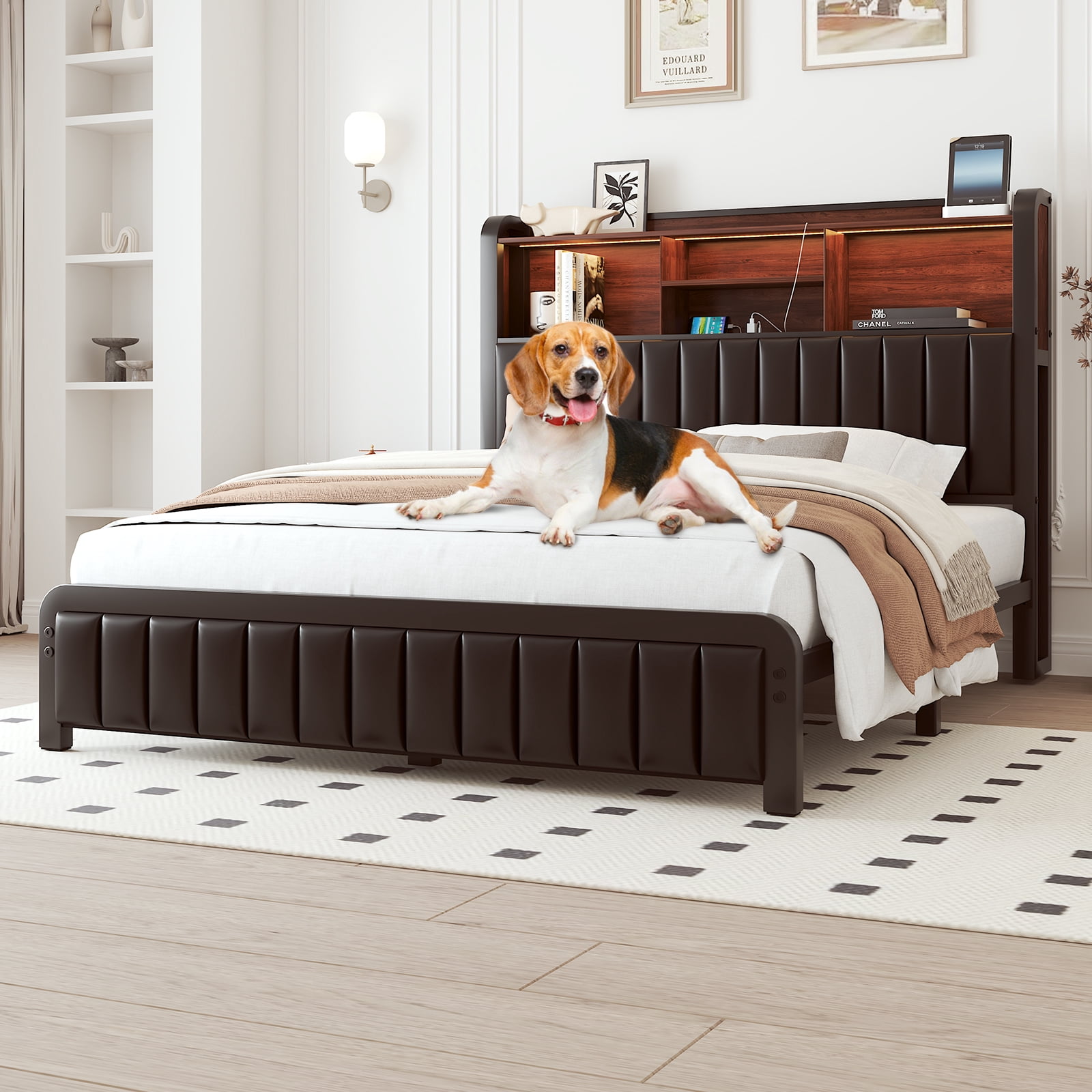 Full Bed Frame with LED Lights, Charging Station , Tall Storage Headboard