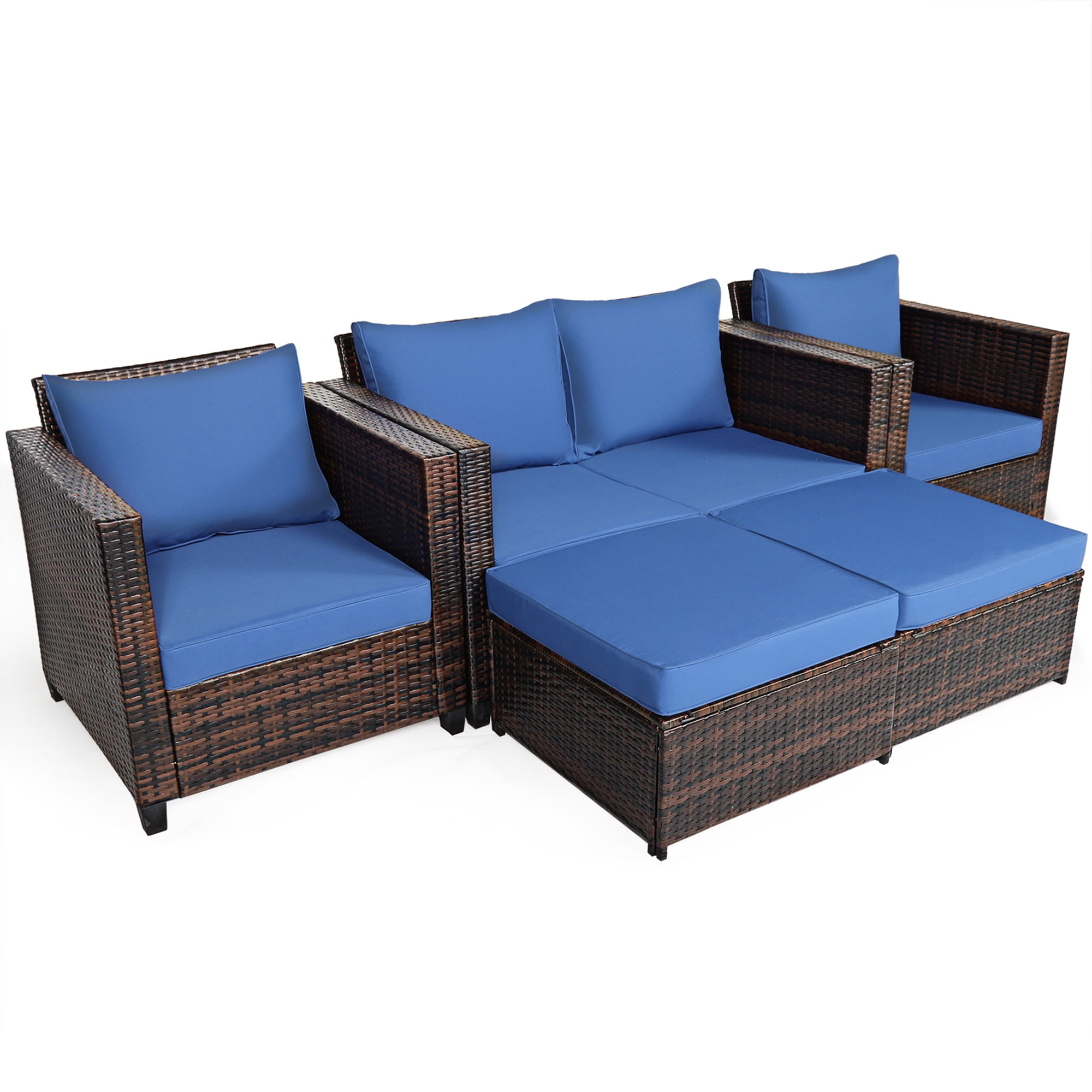 Gymax 5PCS Outdoor Patio Rattan Conversation Sofa Furniture Set w/ Navy Cushions