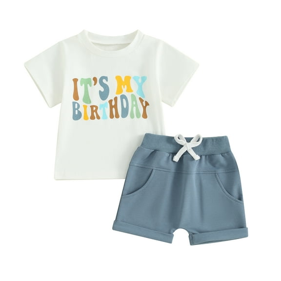 Bagilaanoe 2pcs Toddler Baby Boy Birthday Outfits Shorts Set Short Sleeve Letter Print T Shirt Tops Shorts 6M 12M 18M 24M 3T 4T Kids Casual Summer Clothes