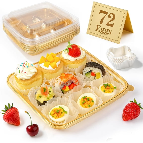 72 Eggs Clear Deviled Egg Tray with Lid – Gold Plastic Party Serving Tray with Greaseproof Paper for Deviled Eggs, Sushi & Desserts