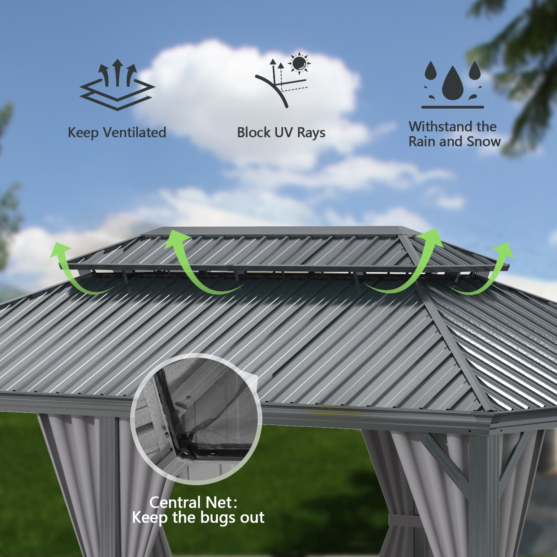 Domi 12' X 18' Permanent Gazebo Pavilion, Metal Hardtop Gazebo with Galvanized Steel Double Roof Canopy, Built-in Drainage Gutter, Curtain and Netting，Gray