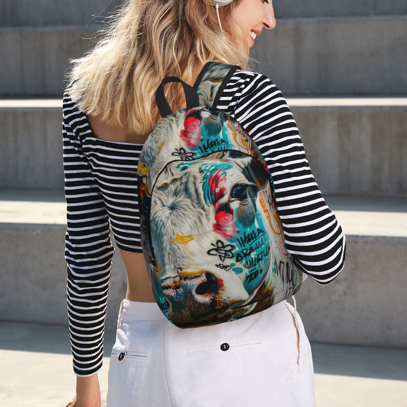 Picia Colorful Graffiti Cow Printed Canvas Daypack - Stylish and Durable Vintage Compact Backpack - Class, Work, Travel, or Laptop Bookbag,Organized Compartments-Small