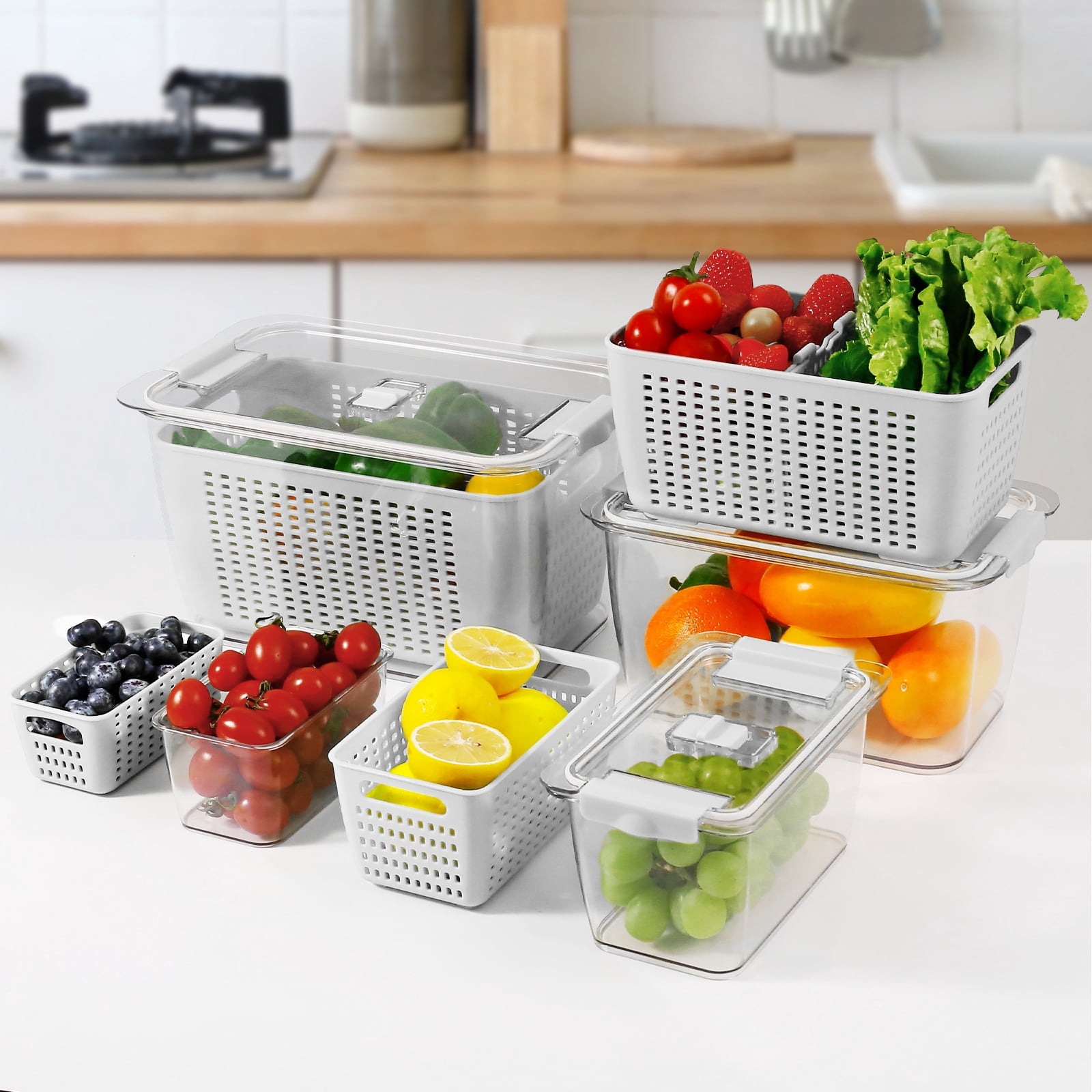LUXEAR 4 Pack Vegetable Storage Containers for Fridge, Fruit Container with Lids &Removable Colander Large Fridge Organizer BPA-free for Fruit Vegetable, Berry, Meat Storage keep Fresh Longer White