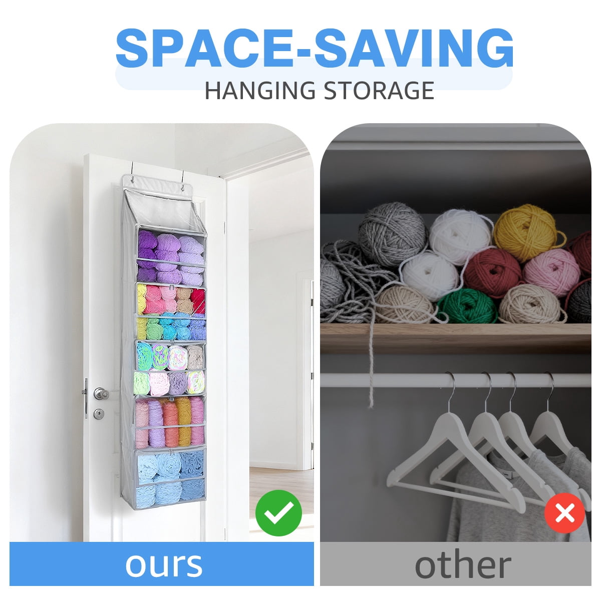 Over the Door Yarn Storage Organizer with 6 Large Clear Pockets, Hanging Wall Mount Knitting & Crochet Supplies Holder for Craft Room, Closet, Door - Space Saving Yarn Skein Organizer (Grey)
