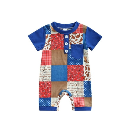 

jaweiwi Baby Boys 2023 Summer Jumpsuit 0 3 6 12 18M Short Sleeve O Neck Cattle Head Print Button Romper