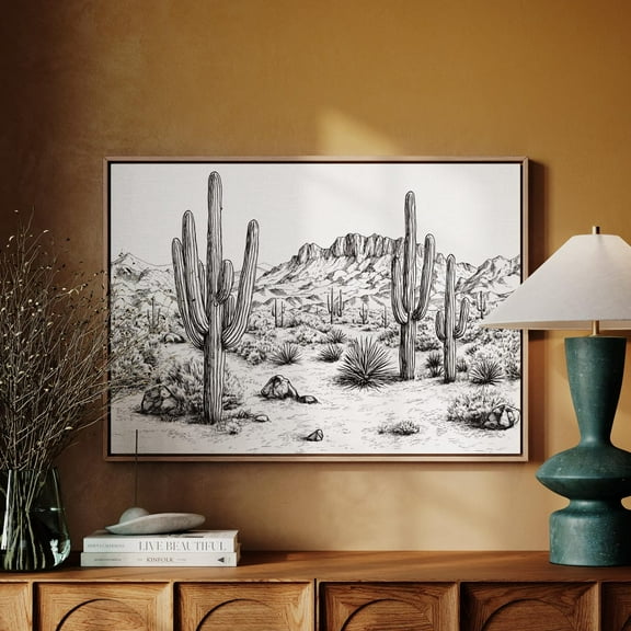 Desert Landscape Wall Art - Black And White Saguaro Cactus Print - Southwestern Nature Illustration - Rustic Western Decor Wall Art, Modern Wall Decor, 8x12 UNFRAMED