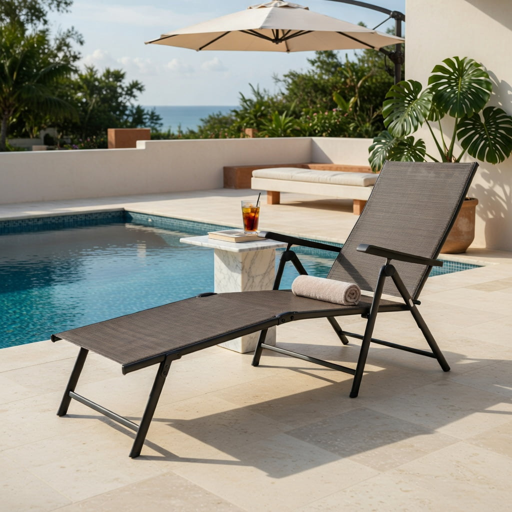 Hommoo Adjustable Outdoor Chaise Lounge Chair, 5-Position Reclining Steel Frame Patio Lounger with Textilene Seat, Tan