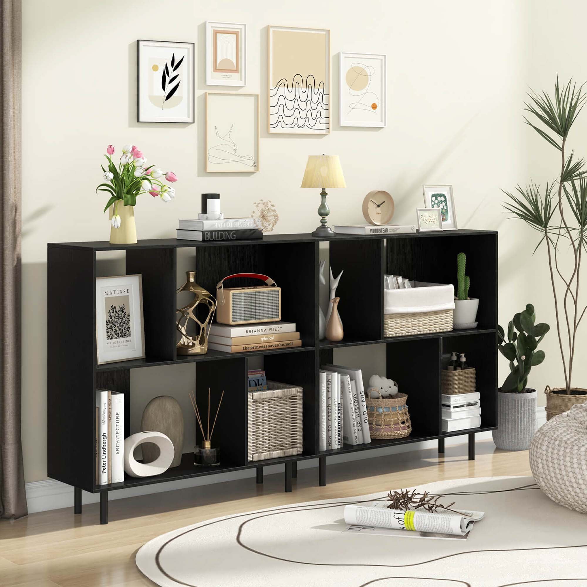 Costway Open Shelf Bookcase Mid Century Modern Cube Bookshelf with 4 Compartments Black