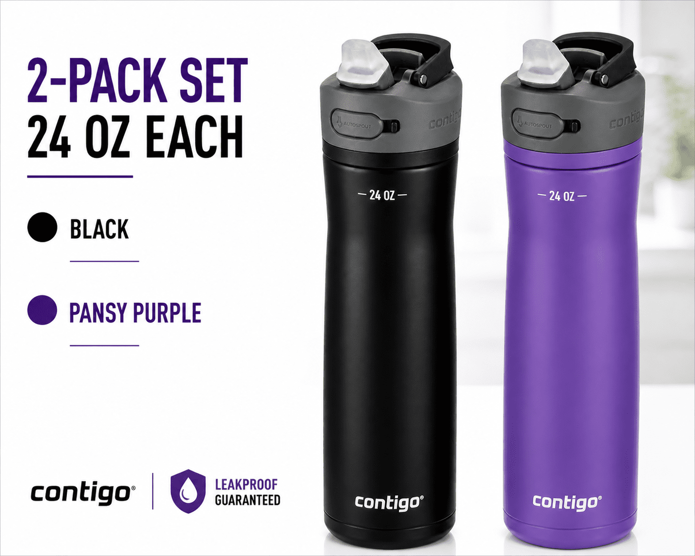 Contigo® Ashland Chill 2.0 Stainless Steel Water Bottle with AUTOSPOUT® Lid & Straw, 24 oz – 2-Pack (Black & Pansy Purple), Leakproof, Insulated, BPA-Free