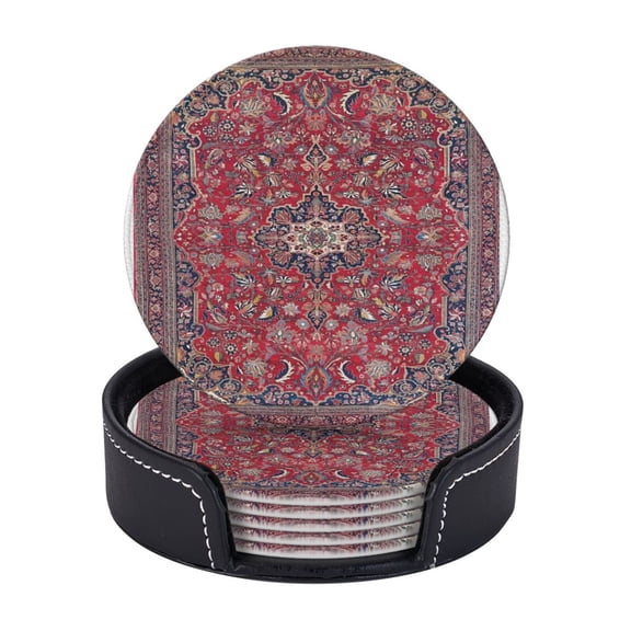 Traditional Luxury Dark Red Leather Coasters With Leather Holder Set Of 6 Round Coasters for Home and Kitchen Decor