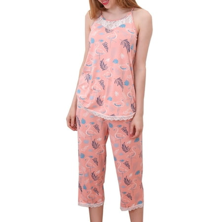 

Doublju Women s Sleeveless Racerback Lace Capri Pajama 2 Pcs Set (Plus Size Available)