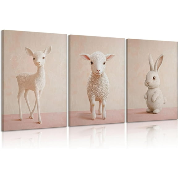 Pink Nursery Animal Canvas Wall Art Baby Room Cute Posters Prints Pink Deer Sheep Rabbit Paintings Wall Decor Pictures Artwork for Girls Room Bedroom Home Decoration Unframed