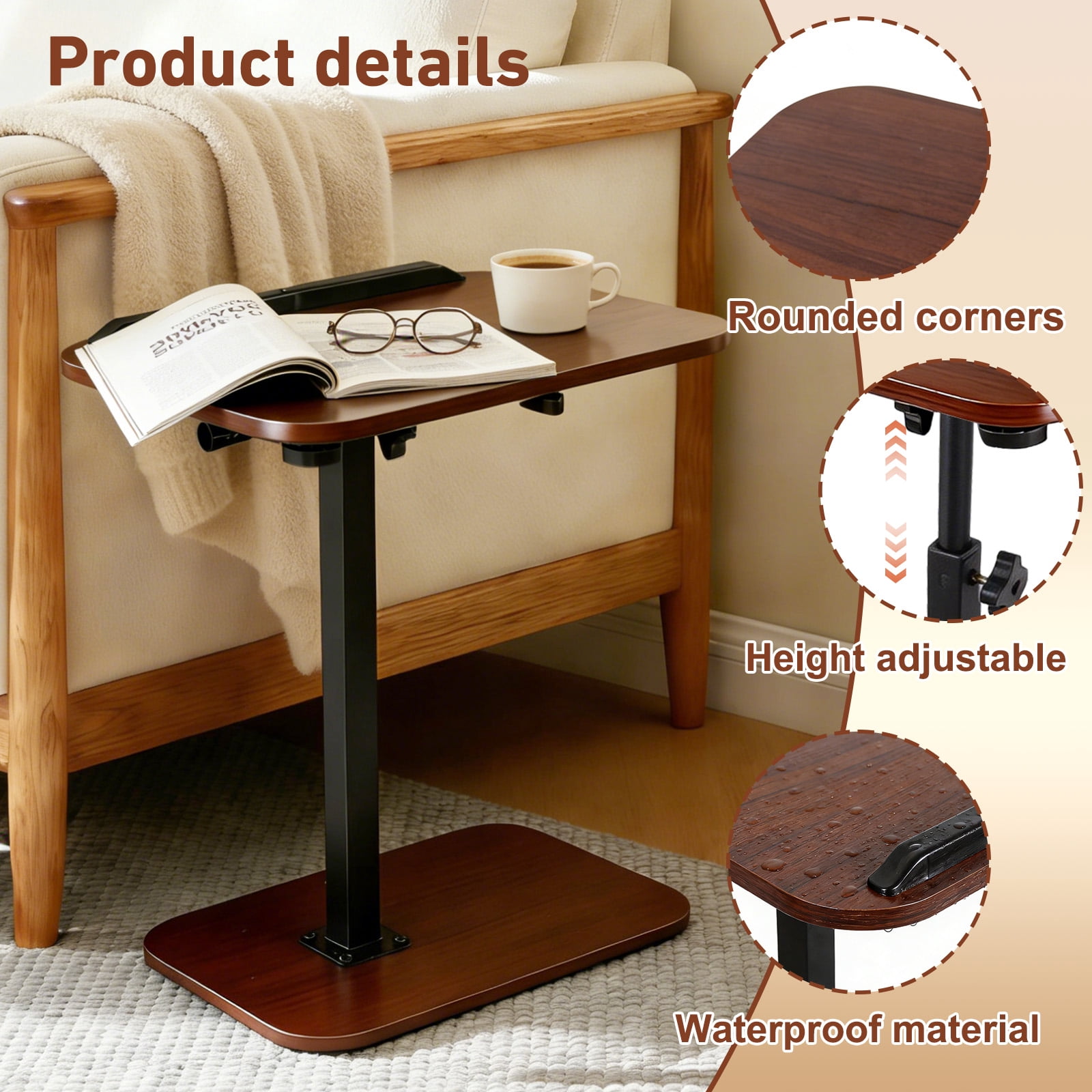 PinkSheep Small Side Table End Table Accent Table Tray Table  for Bedroom Living Room Small Spaces, Walnut