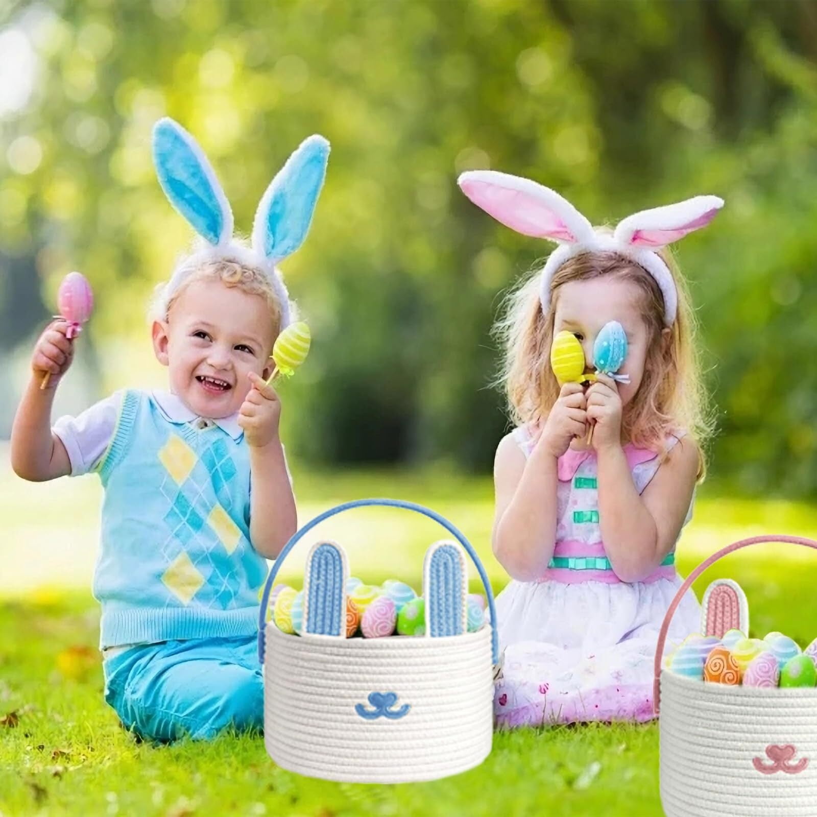 Cute Easter Basket, Large Easter Bunny Basket, Woven Cotton Rope Baby Egg Easter Baskets for Girls, Boys, Toddler, Babies, Infant, with Gift Bags and Ribbons, Pink