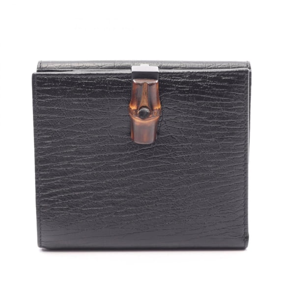 Pre-Owned Gucci Bamboo Bi-fold Wallet, Leather, Women's, Black, 112523