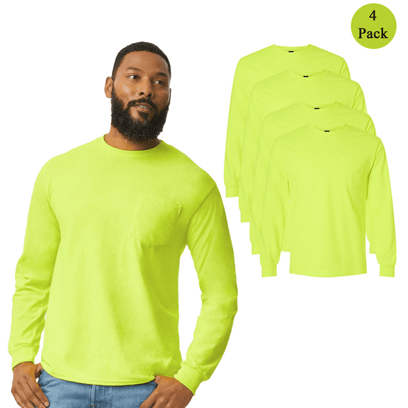 Gildan Workwear Men's Long Sleeve Pocket T-Shirt, Hi Vis Classic 4 Pack Work Shirt, Safety Green, S