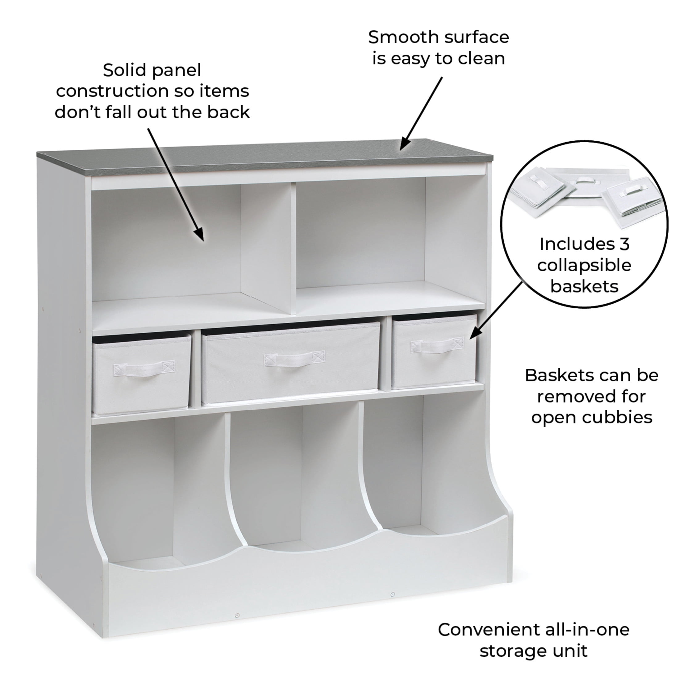 Badger Basket Combo Bin Wood Toy Storage Organizer with Three Baskets 8.6 Cu ft.- White/Gray