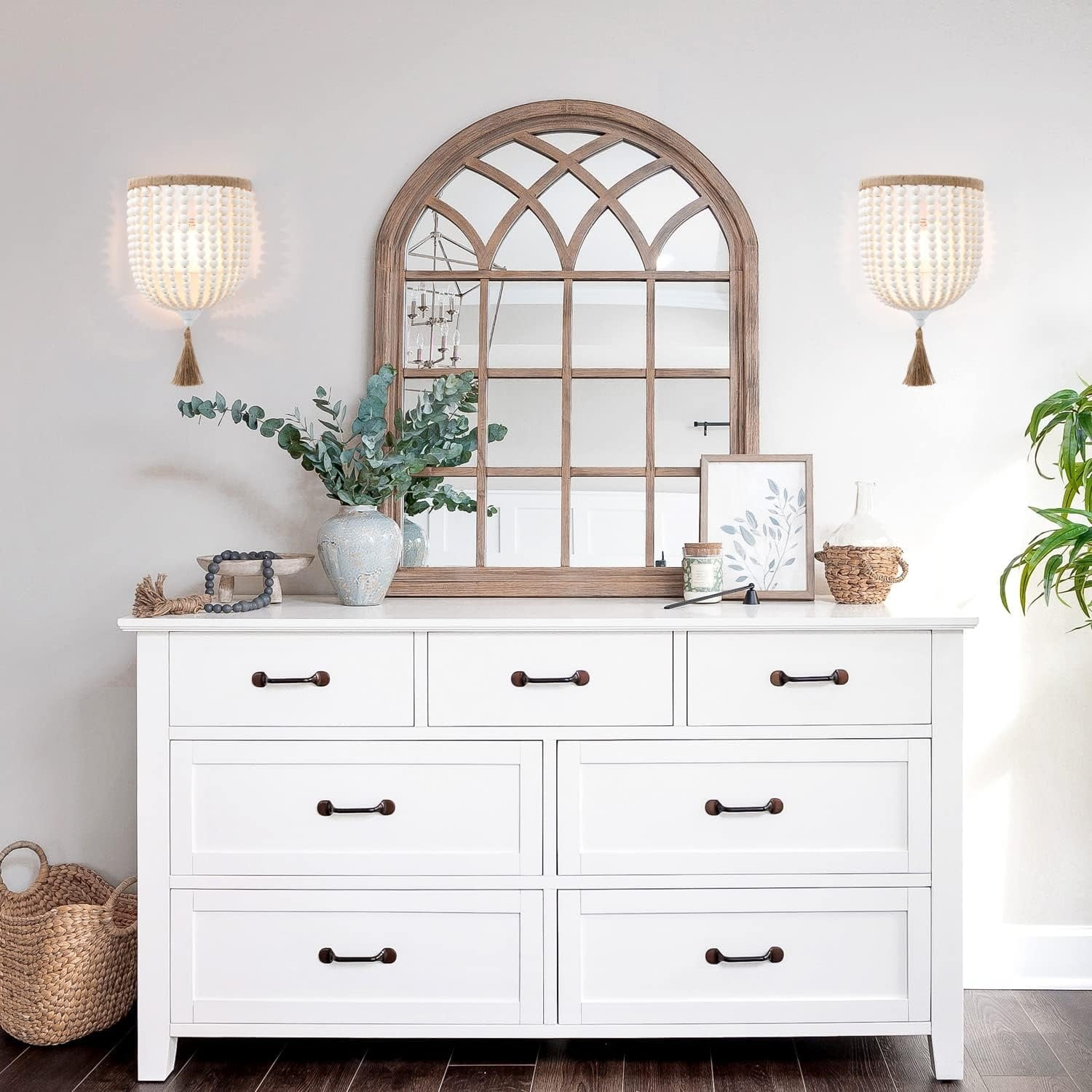 Wood Beaded Wall Sconces Bedside Antique Rustic Wall Sconce Lighting Fixture White Finishing for Bedroom, Hallway, Entryway, Passway, Bathroom, Vanity 2 Pack