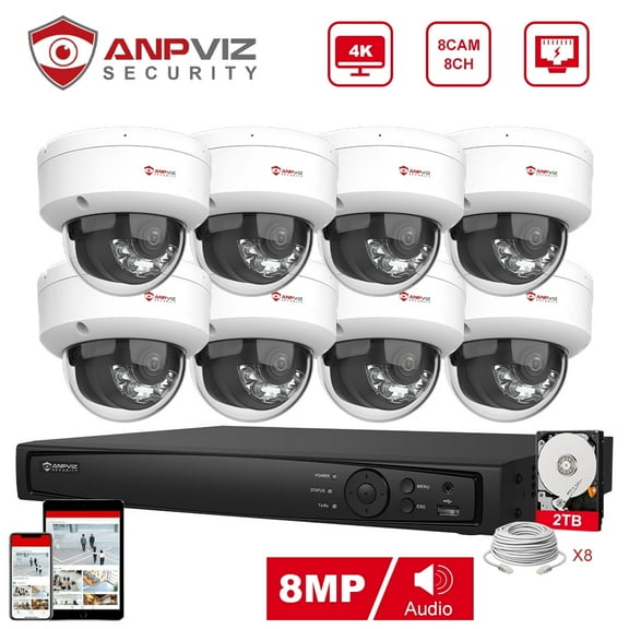 Anpviz 8CH 4K PoE Home Security Camera System, 8MP H.265  NVR AI CCTV System and 8PCS IP Dome Camera With 2TB HDD, Human Vehicle Detection, Night Vision