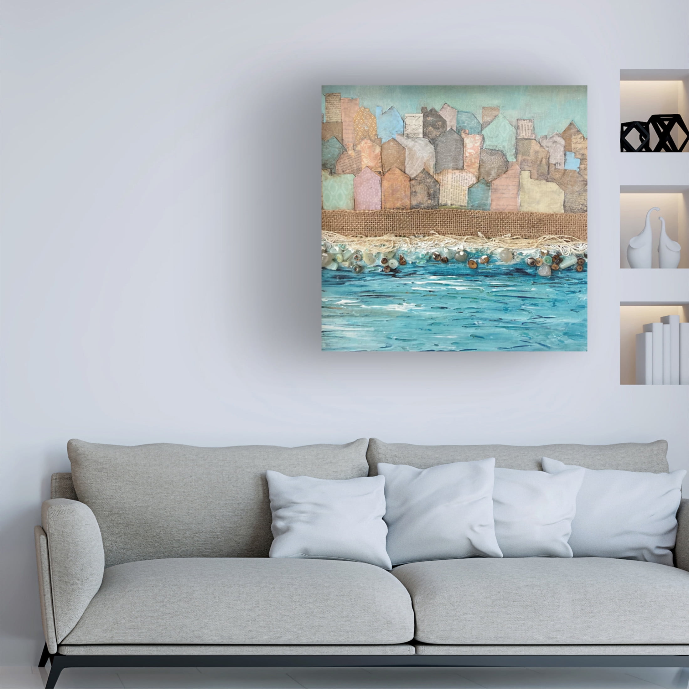 Canvas Wall Art - Christine Rotolo 'Mixed Media Houses On The Water' Wall Art for Living Room, Bedroom, or Office Décor by Trademark Fine Art - 24 x 24 Inches