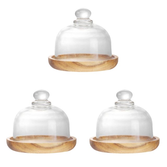CHOK Cake Stand Dome Mini Lid Cover Wood Glass Plate Dessert Display Base Flat Round Server