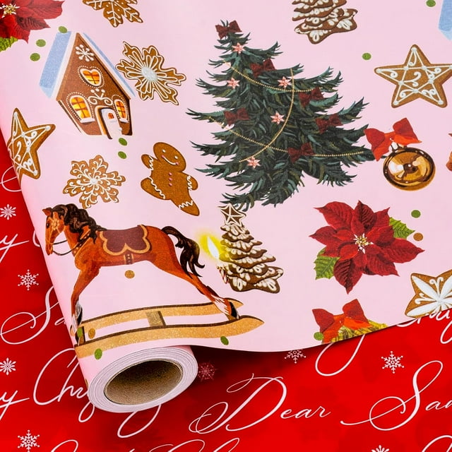 Yarcony Pink Christmas Wrapping Paper, Gingerbread Wrapping Paper, Pink Gingerbread Man, Christmas Tree & Oranment Girl Gift Wrap for Festive Holiday Present, Gift Packaging, Craft (17 In X 33 Ft)