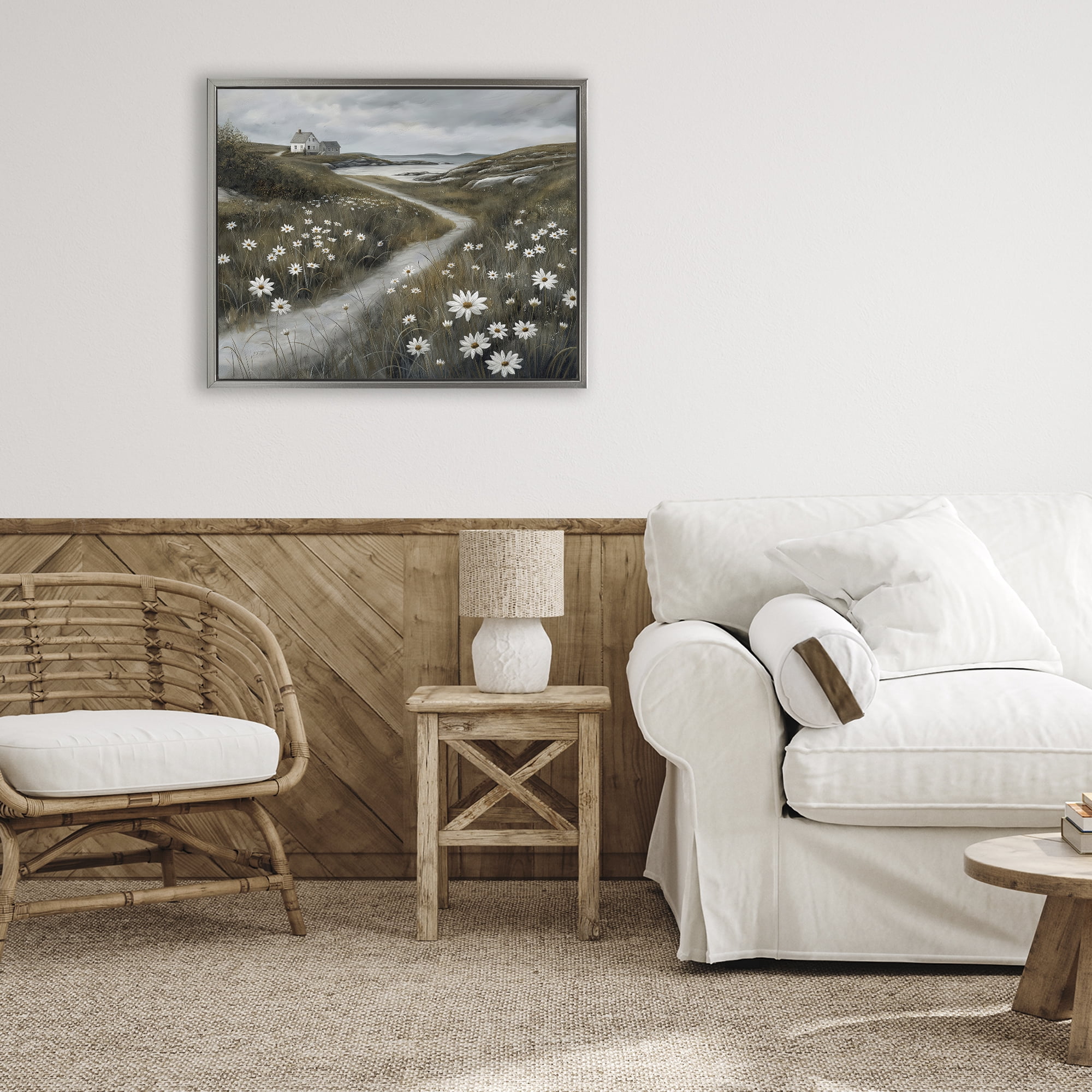 Stupell Industries Daisies Along Coastal Path Gray Framed Floater Canvas Wall Art, design by Imagine It Images