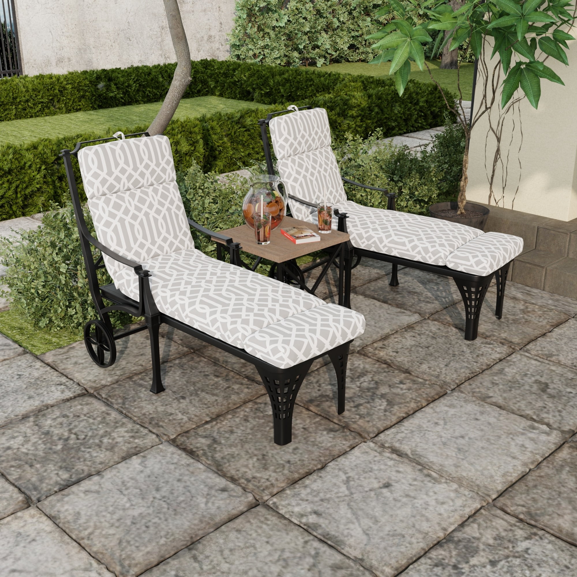 Jordan Manufacturing 72" x 22" Chauncey Pumice Gray Geometric Rectangular Outdoor Chaise Lounge Cushion with Ties and Hanger Loop