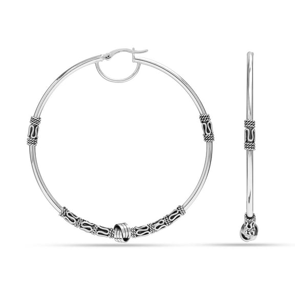 LeCalla 925 Sterling Silver LARGE Round Oxidized Balinese Click-Top Hoop Earrings for Women and Teen 60MM