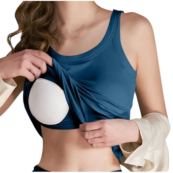 VV AVEORS Camisole Tops For Women Built In Bra Summer Trendy Casual Padded Tanks Ribbed Basic Shelf Bra Tank Tops Workout Yoga Shirts Blue S