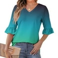 thumbnail image 2 of aidice Womens Tops Casual V Neck 3/4 Length Sleeve Ruffle Comfy Fitting Gradient Color Tee Shirts, 2 of 7