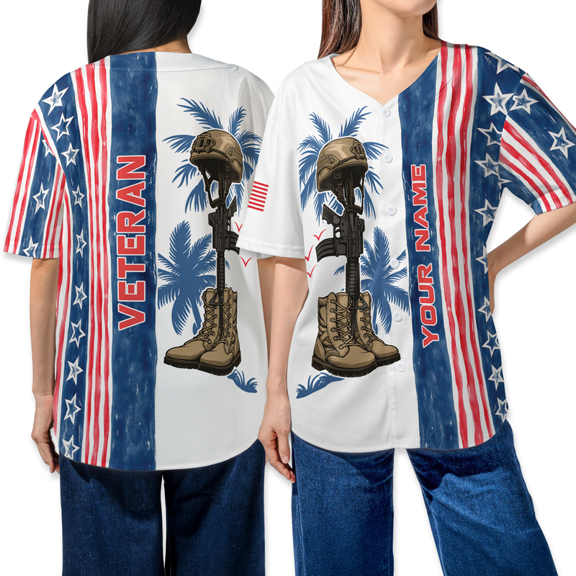 Custom Name Veteran Memorial Tropical Baseball Jersey – Personalized Patriotic Fallen Soldier Shirt with American Flag for Men and Women