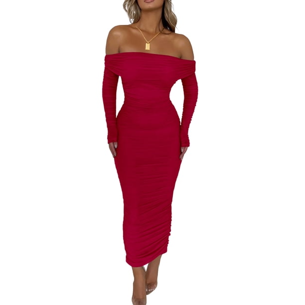 Vestido ajustado maxi fruncido con hombros descubiertos rojo PRETTYGARDEN para mujer