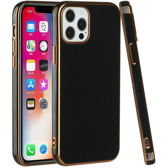 For Apple iPhone 14 Pro (6.1") Electroplated Fashion Solid Gold Frame Hybrid Rubber TPU Hard PC Slim Fit Cover ,Xpm Phone Case [ Black Gold ]