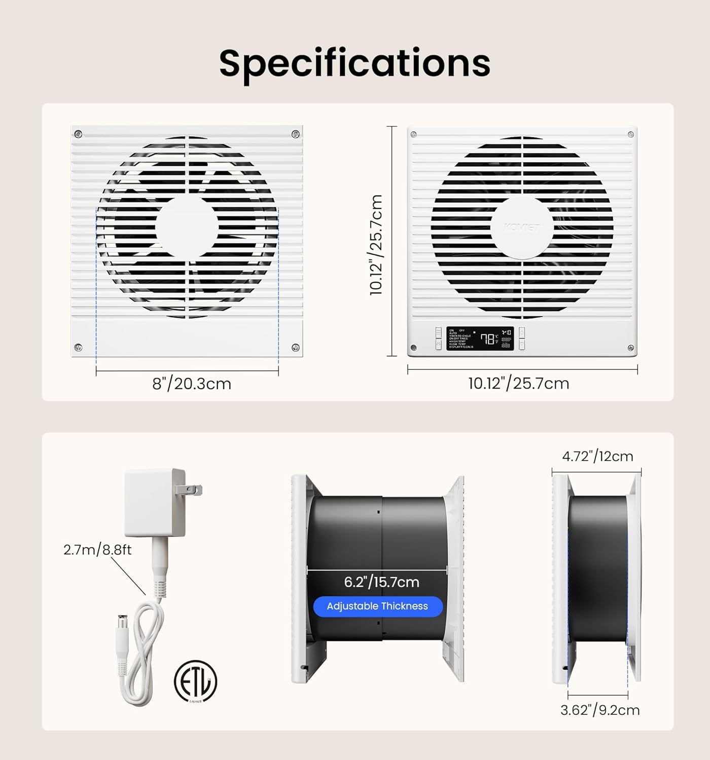KOVIET 8 inch Room to Room Ventilation Fan with Remote, Quiet Reversible Through the Wall Air Transfer Fan, 10-Speed Smart Exhaust Vent, Temperature Control, ETL Certified for Bedroom, Kitchen, Laund