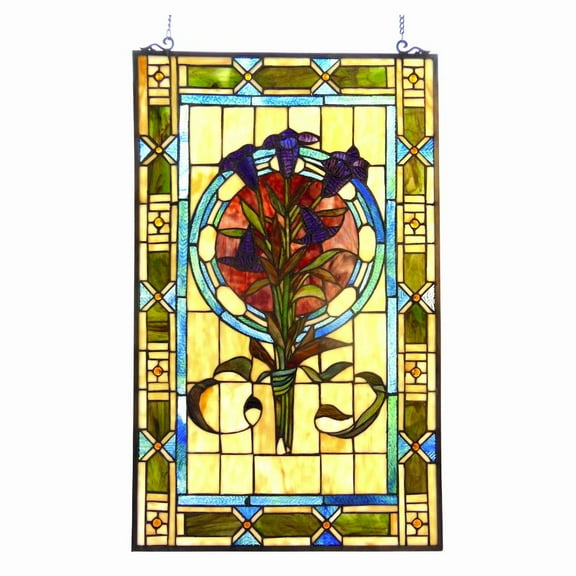 32 Inches Rectangular Tulip Design Tiffany Glass Window Panel, Multicolor
