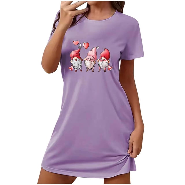 Chemises de Nuit pour Femmes, Manches Courtes, Robe de Nuit Douce, Robe de Nuit Classique, Vêtements de Nuit pour Dames, Manches Courtes, Robe de Nuit Imprimée, Tee-Shirt de Sommeil, Violet G