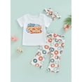 thumbnail image 2 of Bagilaanoe Baby Girls Summer Outfit Sets 3 6 12 18 Months Newborn White Short Sleeve Letter Print T-shirt Tops + Donut Print Flared Pants + Headband, 2 of 8