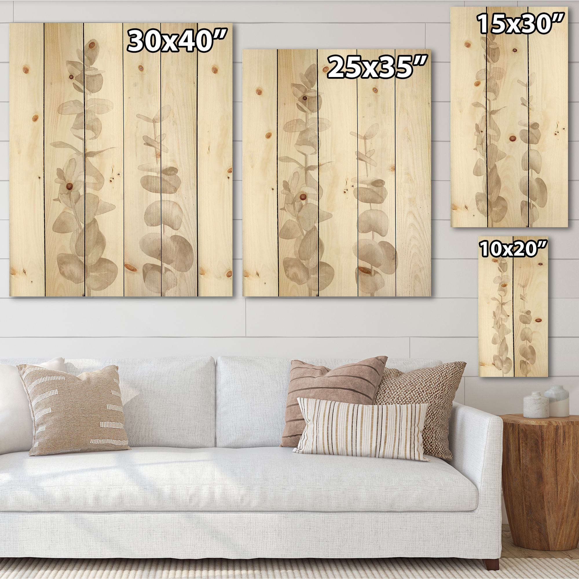 Designart 'Grey Eucalyptus Branches On White' Traditional Print on Natural Pine Wood