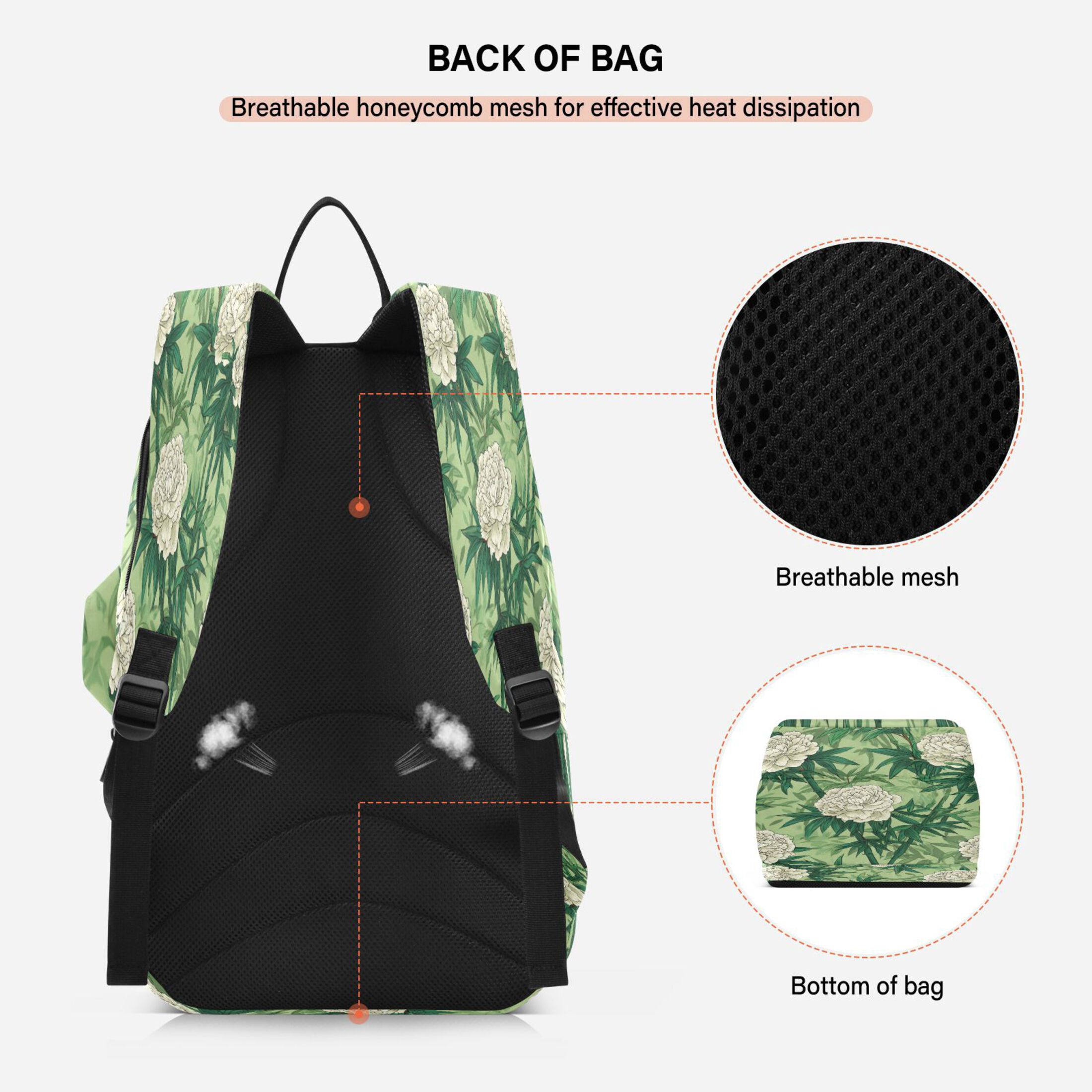 2 Racquet Holder Tennis Backpack Tennis Racket Covers Gym Bags White Peony and Bamboo