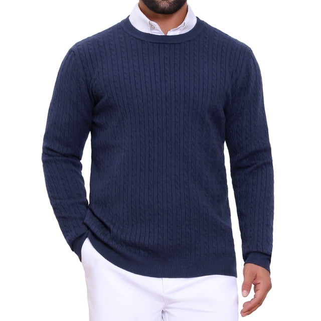 SUÉTER DE PULLOVER DE PUNTO TEXTURIZADO EN ESPIRAL PARA HOMBRES, AJUSTE DELGADO, CUELLO REDONDO Y MANGAS LARGAS, TAMAÑO M, COLOR AZUL MARINO