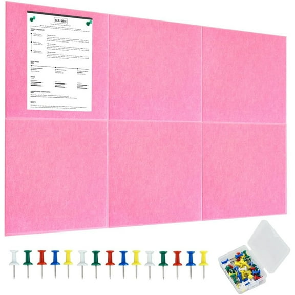 Pink 35.4"x23.6" Large Cork Board with 50 Push Pins, Self-Adhesive Bulletin Board No Damage for Wall, Felt Pin Board for Paste Notes, Photos, Schedules Offices Home(6 Pcs 11.8x11.8 Inch)